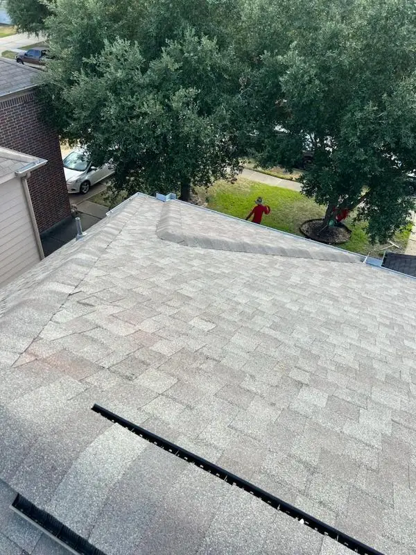 Light gray shingle roof with a ridge vent under large oak trees